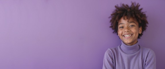 lächelnder kleiner Junge mit Lila Rolli (auf lila Hintergrund)